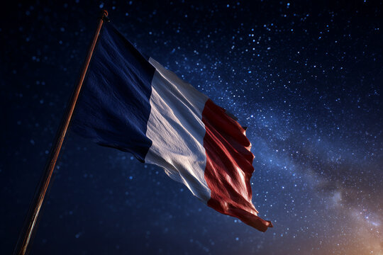 French flag waves proudly against a blue sky during Bastille Day highlighting patriotism and celebration