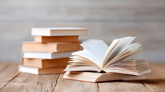 A stack of several closed books and one open book with pages revealed is artfully arranged on a textured wooden table suggesting themes of knowledge learning and literature