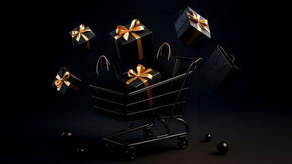 "Modern 3D Black Friday sale concept with shopping cart, paper bag, and gift box on a black backdrop with copy space."