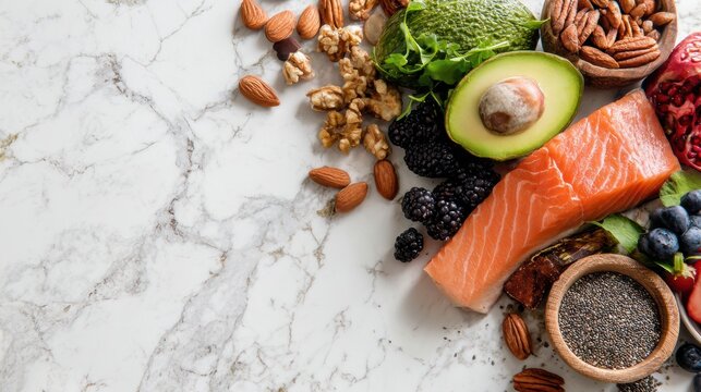 Balanced Diet Ingredients on White Marble Top Featuring Fresh Salmon, Nuts, Seeds, and Vibrant Fruits for Healthy Living