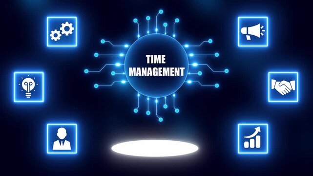 Digital concept of time management with glowing icons and central text on dark blue background Keywords: time management, concept, business, strategy, planning, organization, efficiency