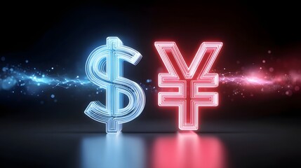A vibrant depiction of luminous neon dollar and yen symbols visually representing international currency exchange market fluctuations and the powerful dynamics of global finance and trade