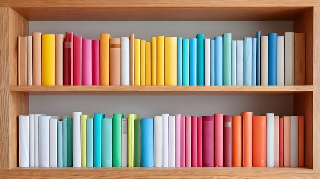 A well organized wooden bookshelf displays numerous books with spines in a wide spectrum of colors from yellow and pink to blue and green suggesting a personal library or study - Powered by Adobe