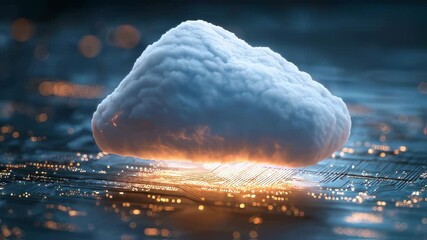 Futuristic glowing cloud icon on digital circuit board background, symbolizing modern cloud computing technology - Powered by Adobe