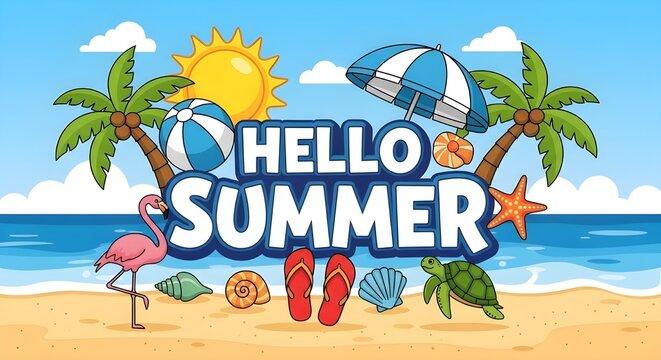 Hello summer beach scene with palm trees, sun, umbrella, beach ball, flipflops, starfish, turtle, flamingo, shells, and ocean waves under a blue sky with clouds