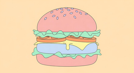 Delicious & colorful cartoon burger illustration with pink buns and fresh fillings