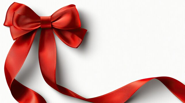 A vibrant red bow with a silky ribbon lies against a clean white backdrop, perfect for adding charm to gifts and decorations