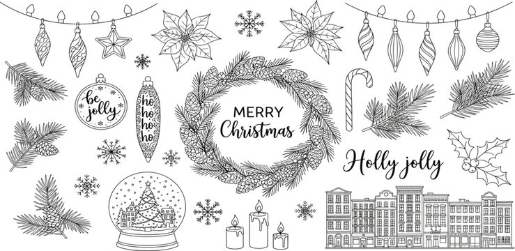 Christmas Holiday Decorations Festive Illustrations of Ornaments, Wreaths, and Seasonal Elements