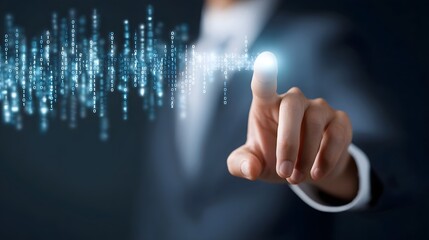 Hand interacting with a dynamic display of falling binary digits symbolizing modern technology information processing and future digital systems