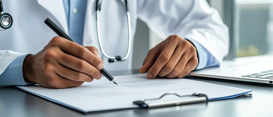 A healthcare worker examines documents and writes notes while using a laptop in a professional office setting