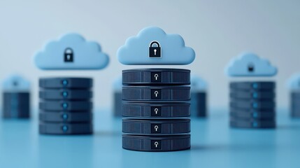 A digital illustration of cloud storage with secure data represented by stacks of disks and a locked cloud icon.