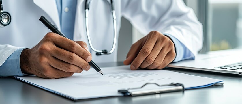 A healthcare worker examines documents and writes notes while using a laptop in a professional office setting