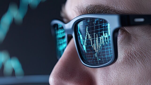 Detailed view of someone analyzing financial data on a screen, showcasing crisp graphs reflected in glasses in a low-light setting