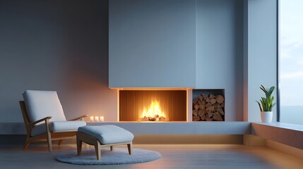 Fototapeta premium A tranquil modern interior with a roaring fireplace plush armchair and ottoman and a large window offering a serene seascape view perfect for a relaxing evening