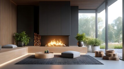 Fototapeta premium A contemporary interior design showcases a minimalist living room with a sleek fireplace built in wood seating and expansive glass framing an outdoor garden view