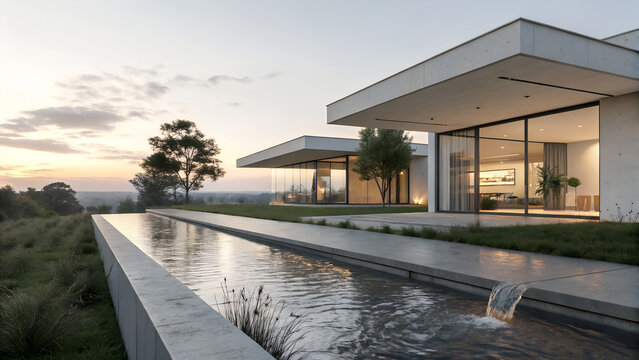 Modern minimalist house with integrated rainwater harvesting system, polished concrete channel, and glass view of the underground cistern at sunset.