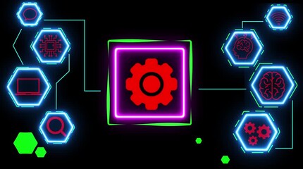 Futuristic digital network connection with glowing neon icons representing data processing A I and communication technology abstract background - Powered by Adobe