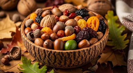 A rustic wooden bowl overflows with a diverse mix of nuts, dried fruits, and acorns, surrounded by autumn leaves and a cozy blanket.