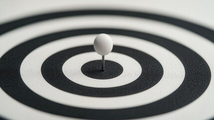 Fototapeta premium A close-up of a target featuring a white sphere on a pin, set against concentric black and white circles, symbolizing precision and focus.
