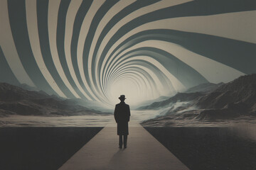 Surreal scene of a man in a hat standing on a path leading into a swirling vortex landscape
