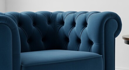 A deep blue velvet Chesterfield armchair with button tufting and rolled arms sits beside a small, round wooden table.