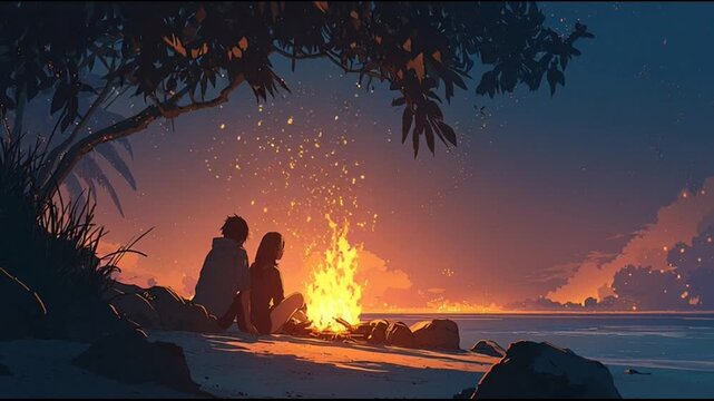 Lovers Sitting Around Beach Bonfire Night