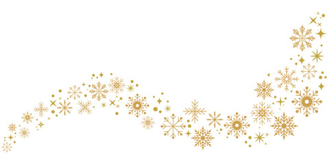 Wave of snowflakes and stars. Garland of golden snowflakes horizontal border. Christmas background. Template with decorations for Christmas and New Year.
