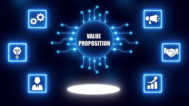 Business Concept of Value Proposition with Icons and Circuit Board Design Keywords: value proposition, business, concept, strategy, offering, benefit, customer, market, solution, innovation
