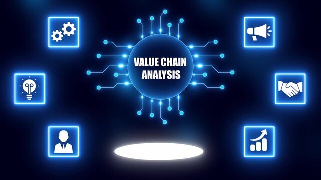 Business Concept of Value Chain Analysis with Icons and Circuit Board Design Keywords: value chain, analysis, business, concept, strategy, process, management, operations, supply chain