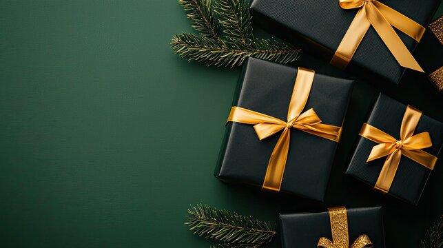 Two beautifully wrapped black gift boxes with golden ribbons sit on a rich dark green background, ideal for festive moments and surprises
