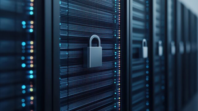 A close-up view of secure server racks, featuring a padlock, emphasizing data protection and cybersecurity in a modern digital environment.