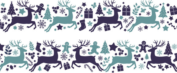 Fototapeta premium Elegant festive winter pattern featuring silhouetted reindeer, snowflakes, and holiday ornaments in a seamless design