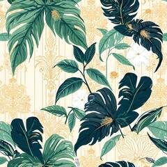 Vector art deco leaves luxury background, elegant vintage fancy floral pattern. Jungle gatsby ornament, line hand drawn wavy nature wallpaper. Baroque illustration Generative Ai