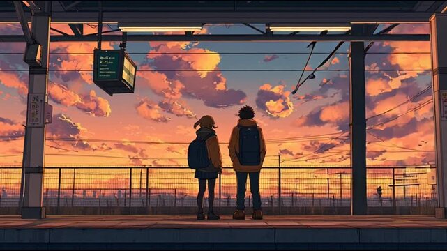 Lovers Waiting Together Windy Train Platform