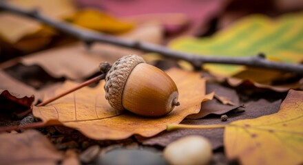 A close-up macro shot of an acorn resting on fallen autumn leaves, surrounded by a twig and other natural elements.
