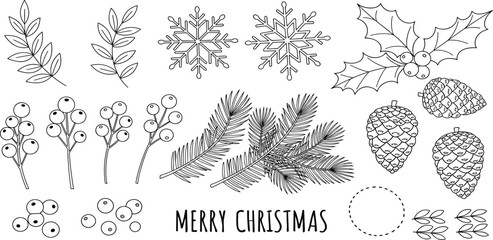 Hand-Drawn Christmas Elements Pinecones, Berries & Snowflakes