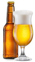 Goblet glass of light beer and chilled beer bottle isolated on white background. Clipping path.