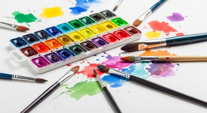 Watercolor palette with brushes and colorful paint splashes on white background.