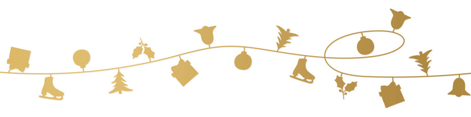 christmas golden garland with swith fir trees, ice skates, holly berry twigs, presents, bells and baubles- vector illustration