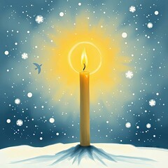 A single glowing candle standing strong against snow and wind, representing peace, hope, and resilience