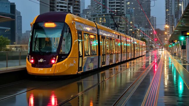 Bright yellow tram arrives at city station during twilight hours with reflections on wet tracks and modern skyline in the background