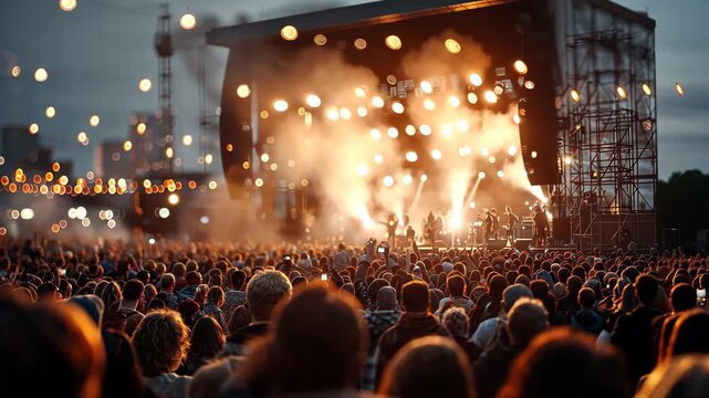 Crowd enjoys vibrant outdoor concert with dynamic lights and powerful music at sunset in a lively festival atmosphere
