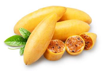 Curubas or banana passion fruits and fruit slices showing the juicy pulp and black seeds on white...
