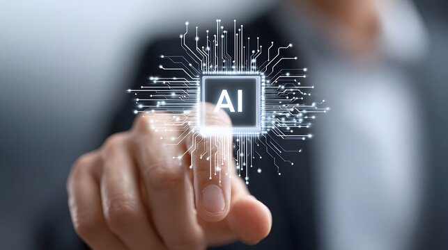 Close up of a hand interacting with a luminous intelligence chip representing cutting edge technology  hine learning and future business solutions