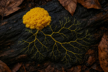 A slime mold, Physarum polycephalum, exhibits vibrant yellow veins on a dark, damp log amidst fallen leaves in an autumn forest setting.