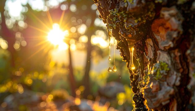 Golden resin drops on tree bark in sunlit forest.
