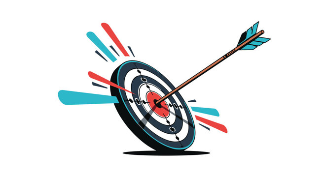 Arrow hitting the bullseye of a target, surrounded by radiating lines and color splashes, symbolizing precise goal achievement.