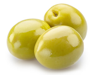 Three green olives isolated on white background. File contains clipping paths.