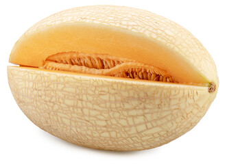 Ripe white oval melon with a cut isolated on white background. Cut out PNG file.