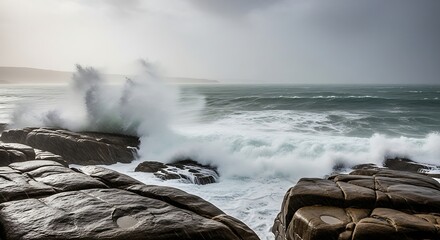 Powerful ocean waves crash against rugged rocks under a stormy sky
